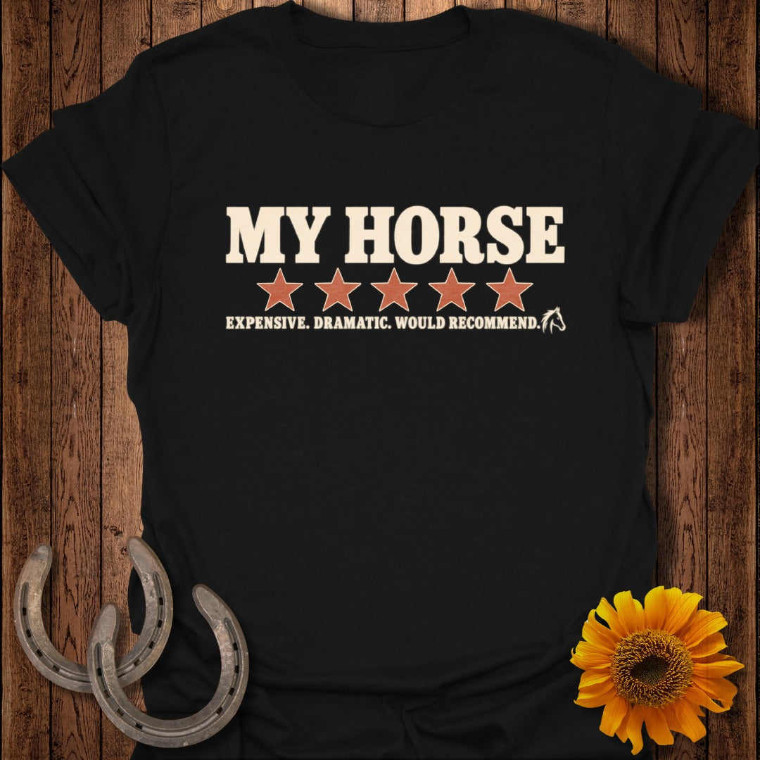 A black t-shirt printed with white and orange text reading My Horse Expensive Dramatic Would Recommend.
