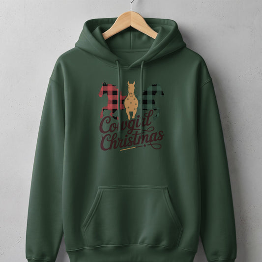 Green hoodie with three horses and "Cowgirl Christmas" text graphic.