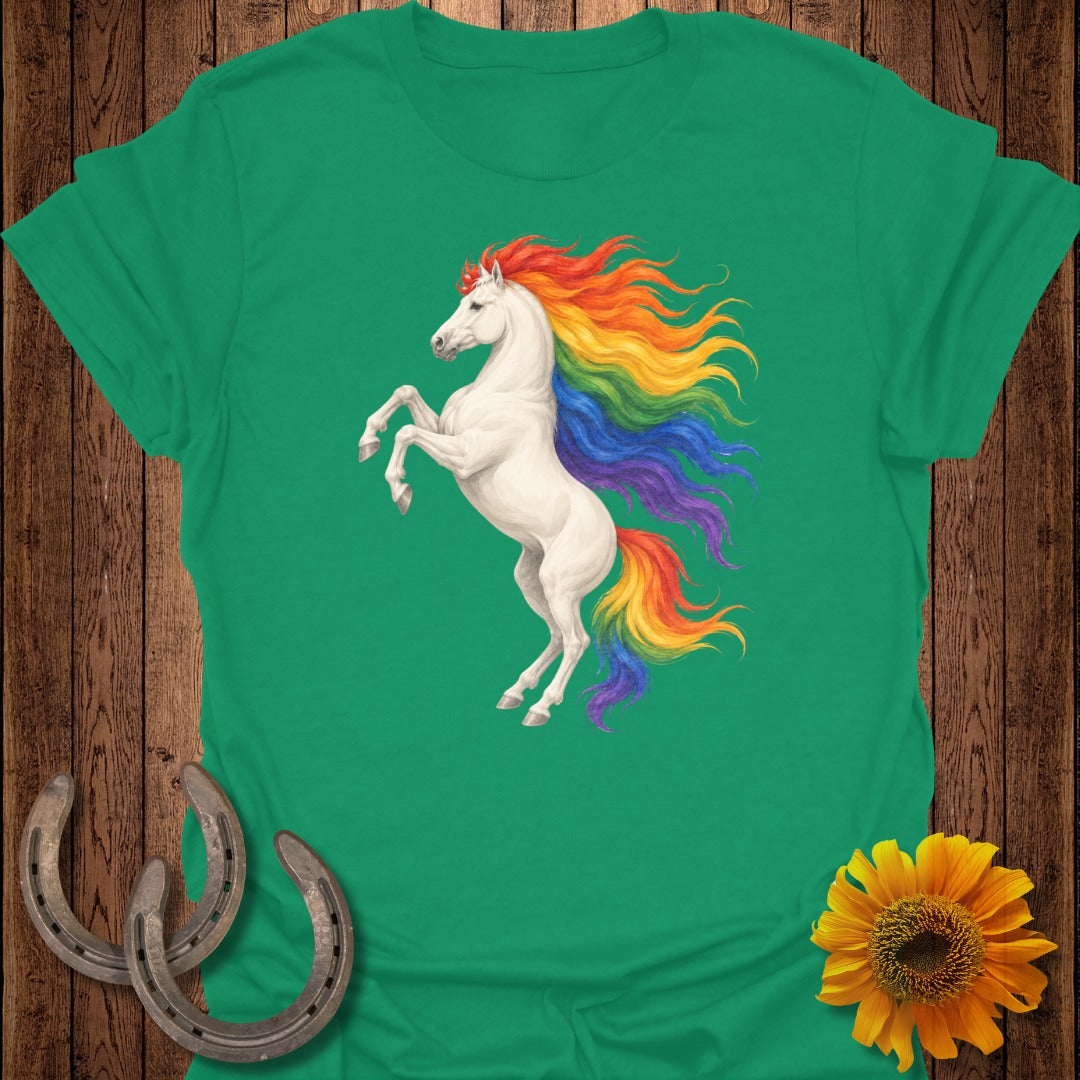 White unicorn with rainbow mane and tail standing on hind legs.