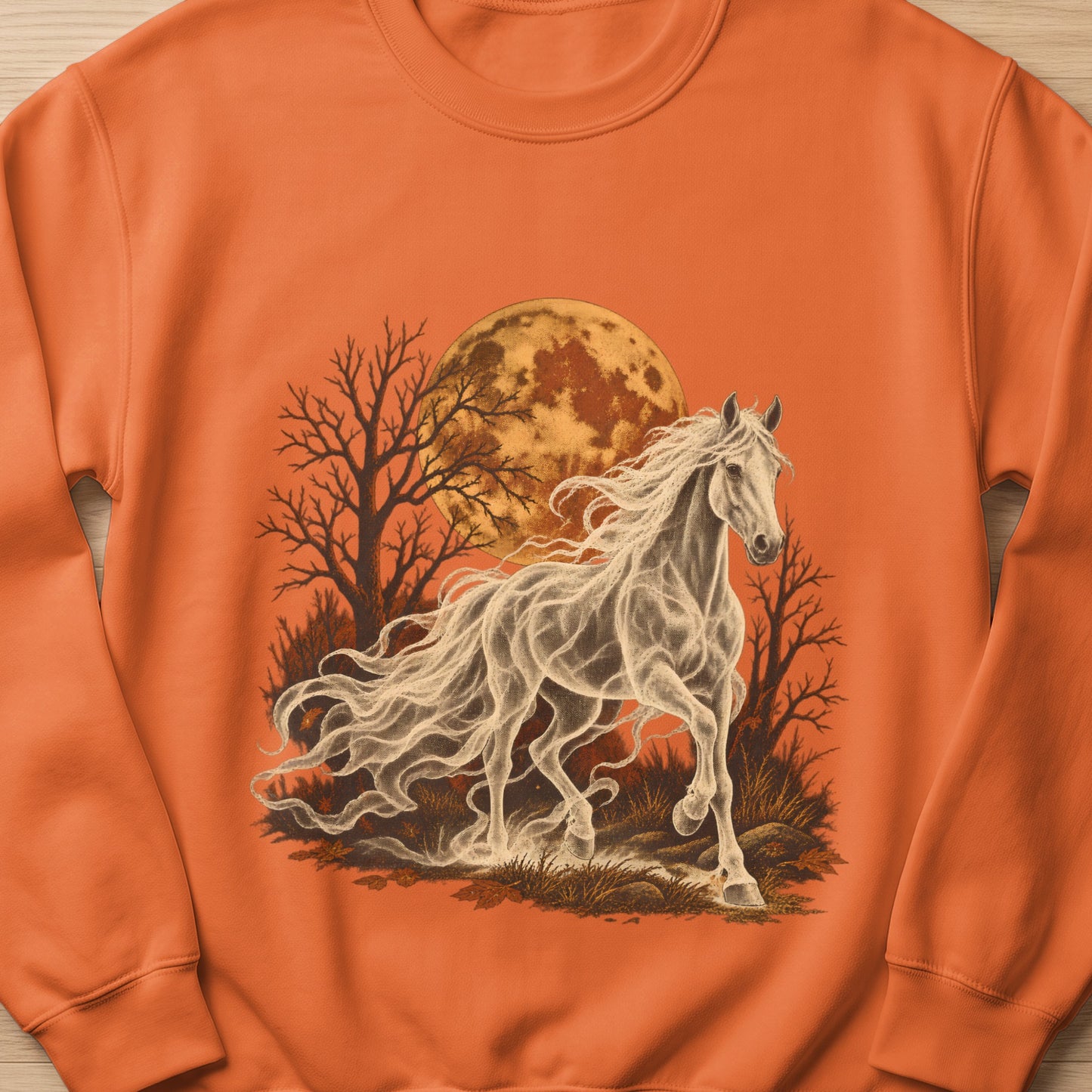 Ghostly horse running in front of a full moon and bare trees.