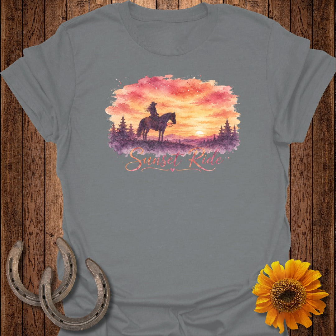 Woman on horseback at sunset with "Sunset Ride" text overlay.