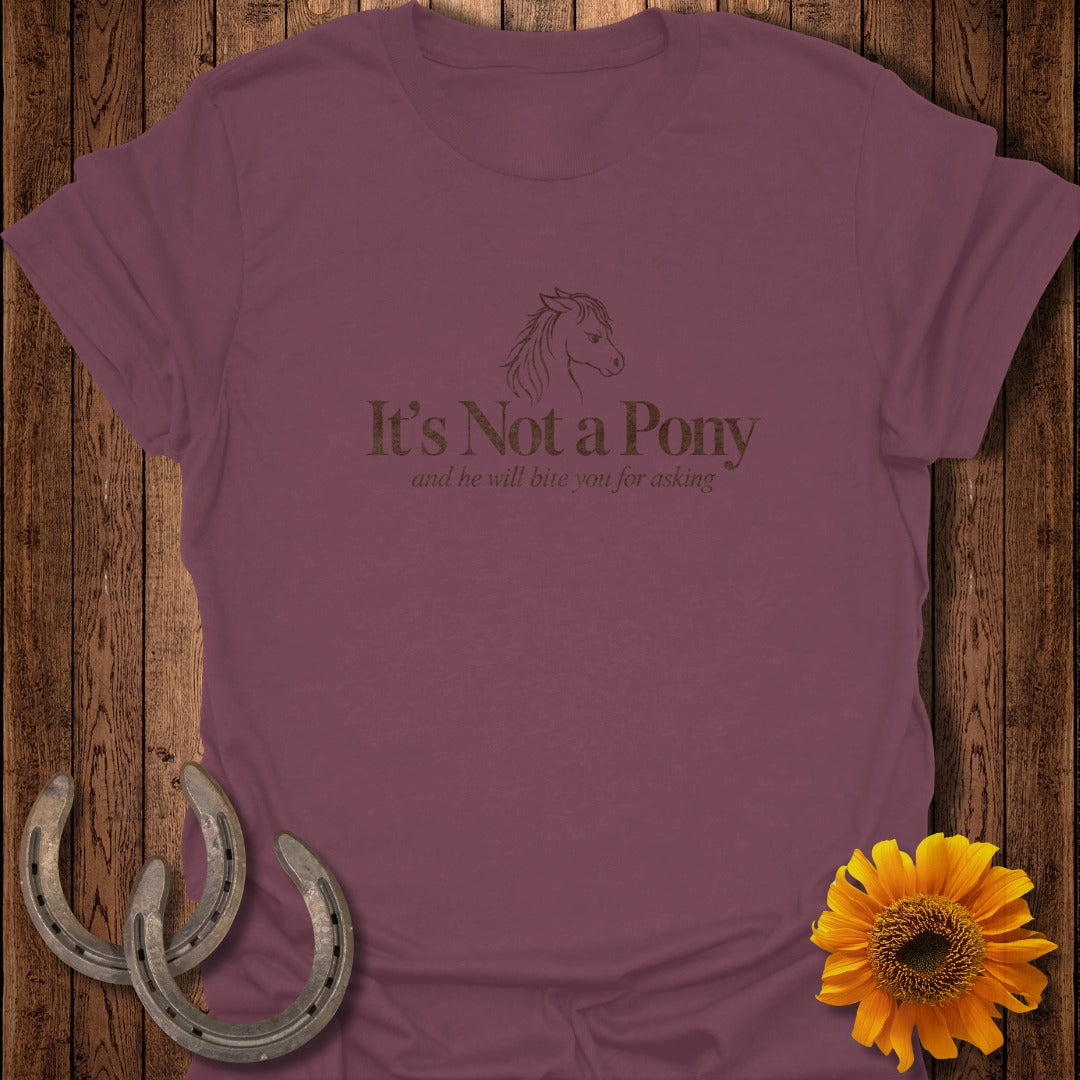Maroon t-shirt with "It's Not a Pony and he will bite you for asking" text and horse graphic.