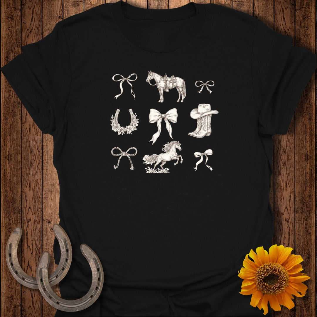 White outline drawings of horses, bows, and boots on a black t-shirt.