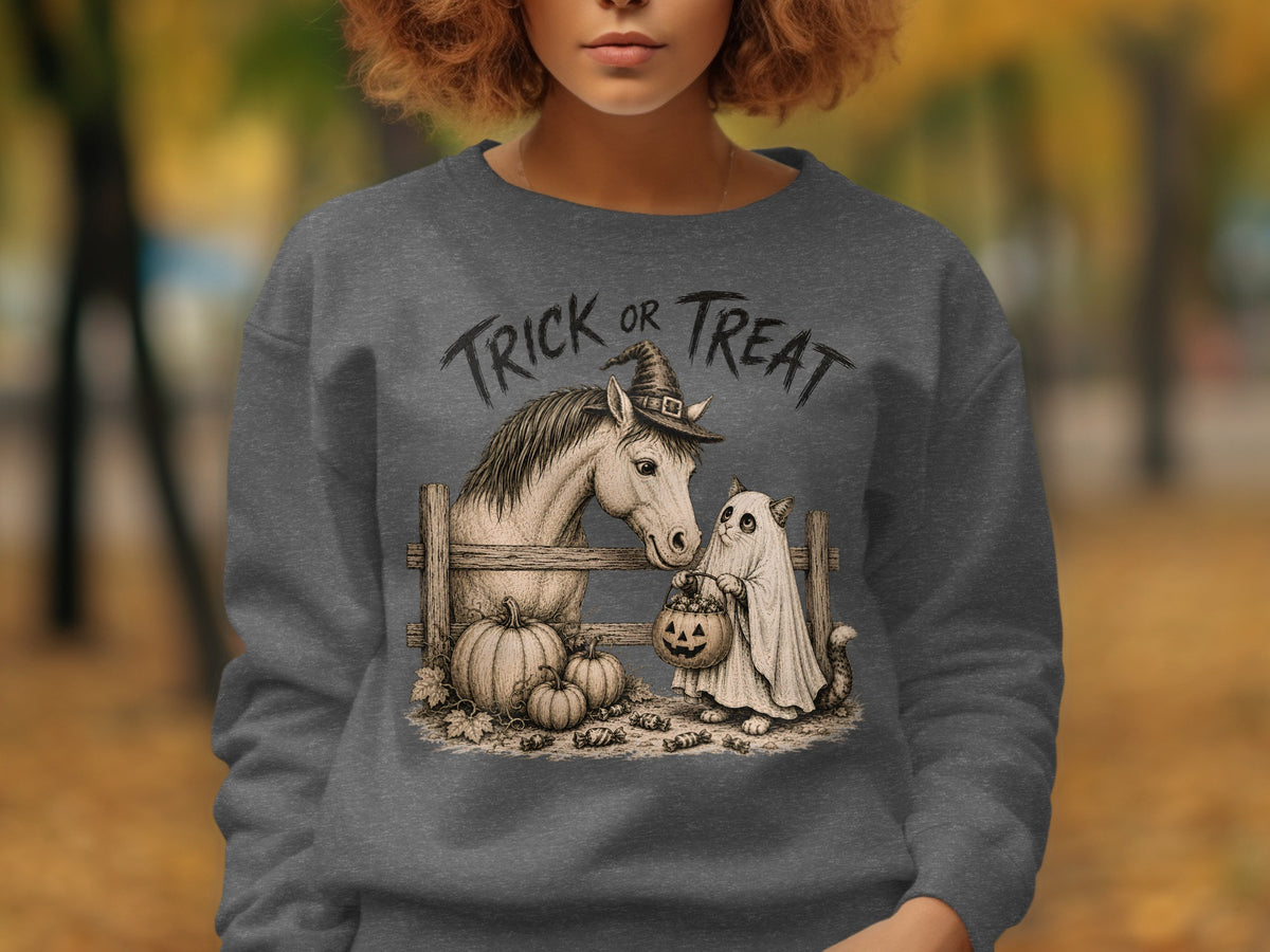 Horse in witch hat and cat in ghost costume with pumpkins and candy.