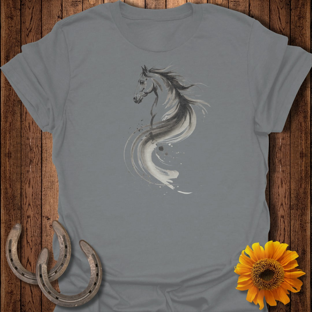 Grey t-shirt with a black and white watercolor horse design and two horseshoes.