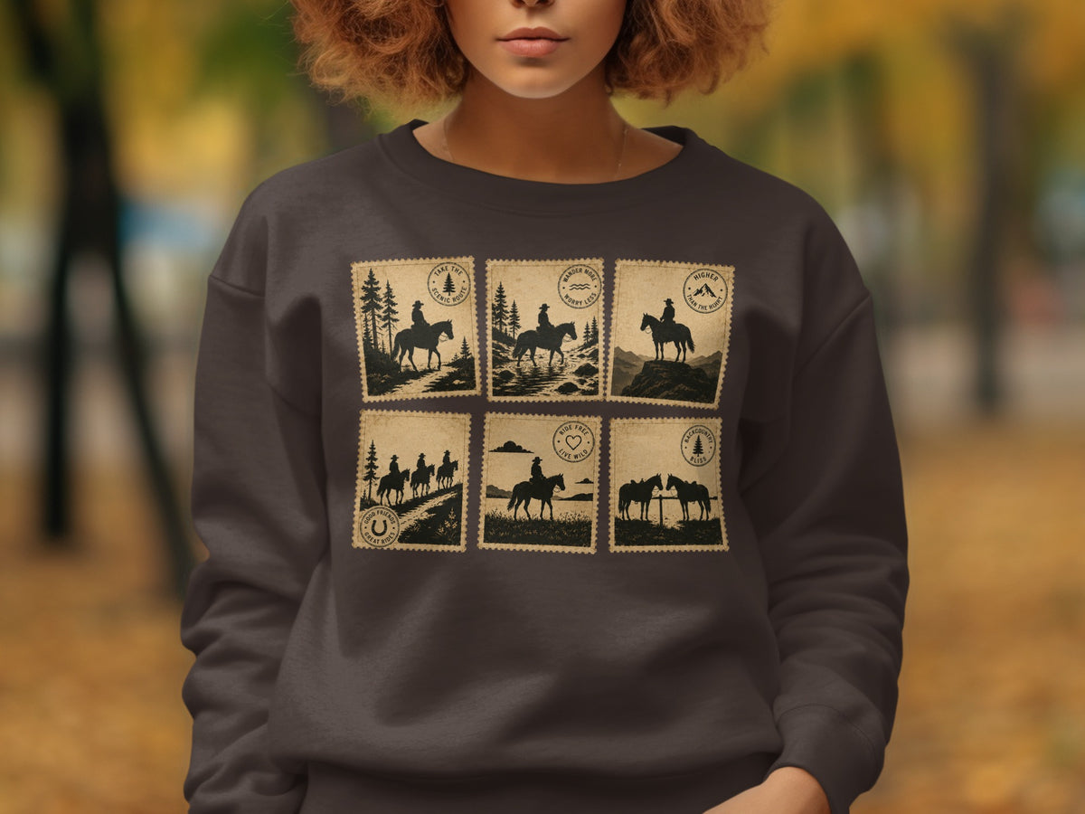 Dark grey sweatshirt with six sepia-toned stamp graphics of horseback riding scenes.