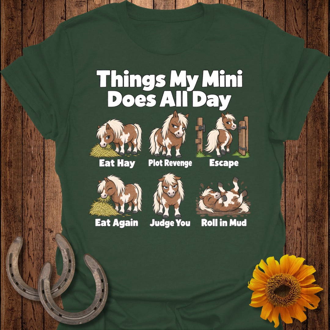 Green t-shirt with cartoon ponies illustrating "Things My Mini Does All Day."