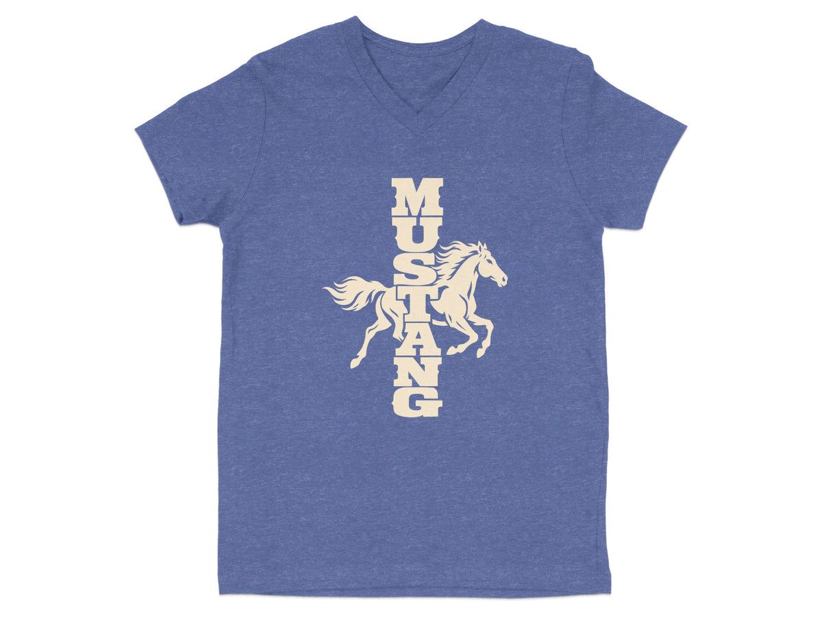 Heather blue v-neck t-shirt featuring a graphic of a running horse and vertical Mustang text.