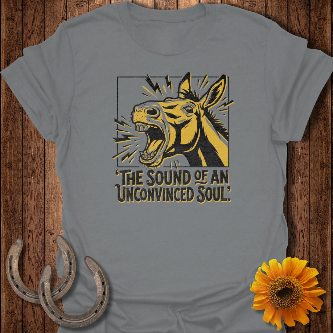 Grey t-shirt with a donkey graphic and text "The Sound Of An Unconvinced Soul?".