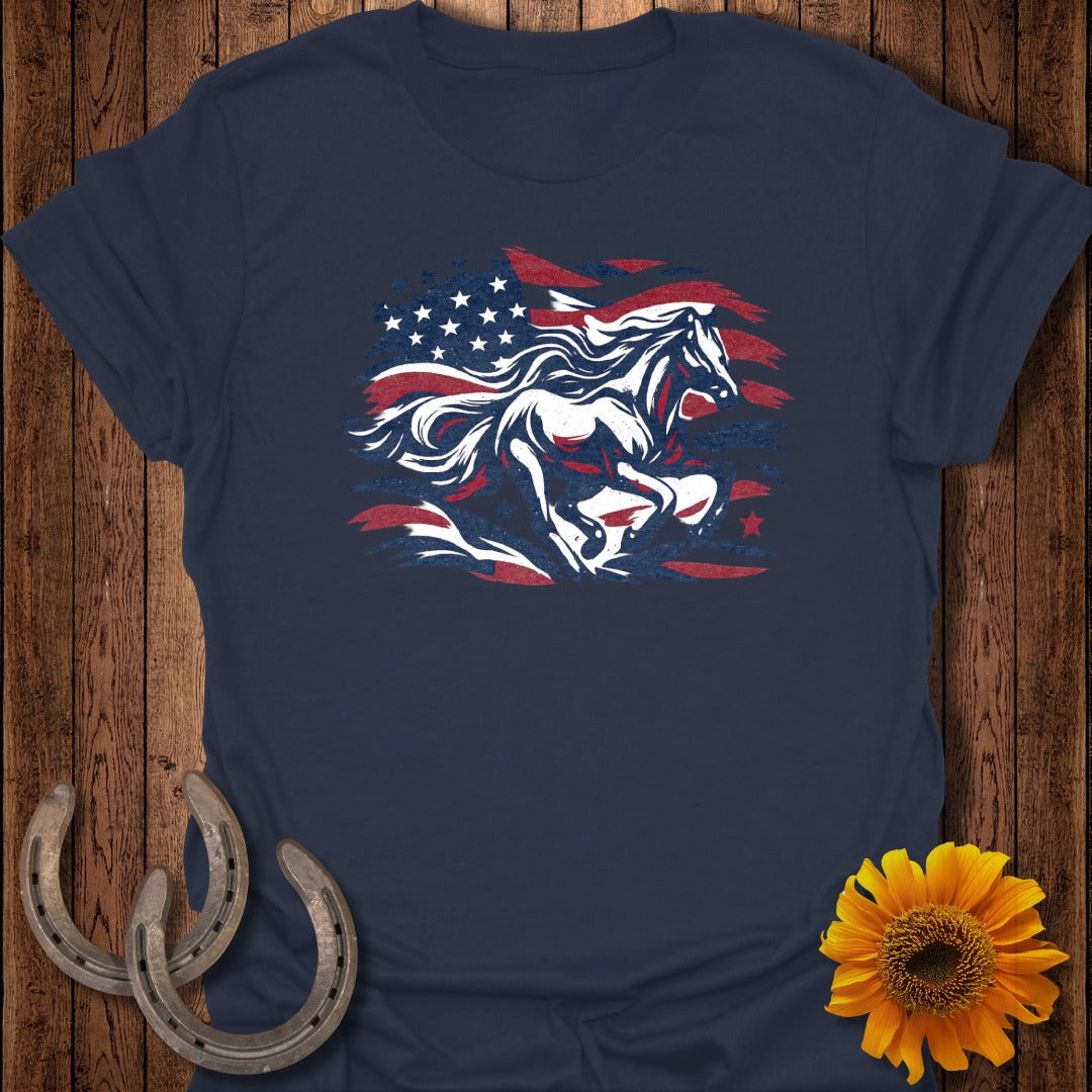 Navy t-shirt with a running horse and American flag design.
