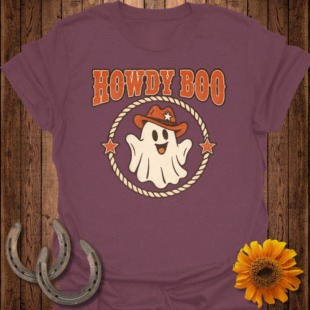 Ghost wearing cowboy hat with "Howdy Boo" text and horseshoes.