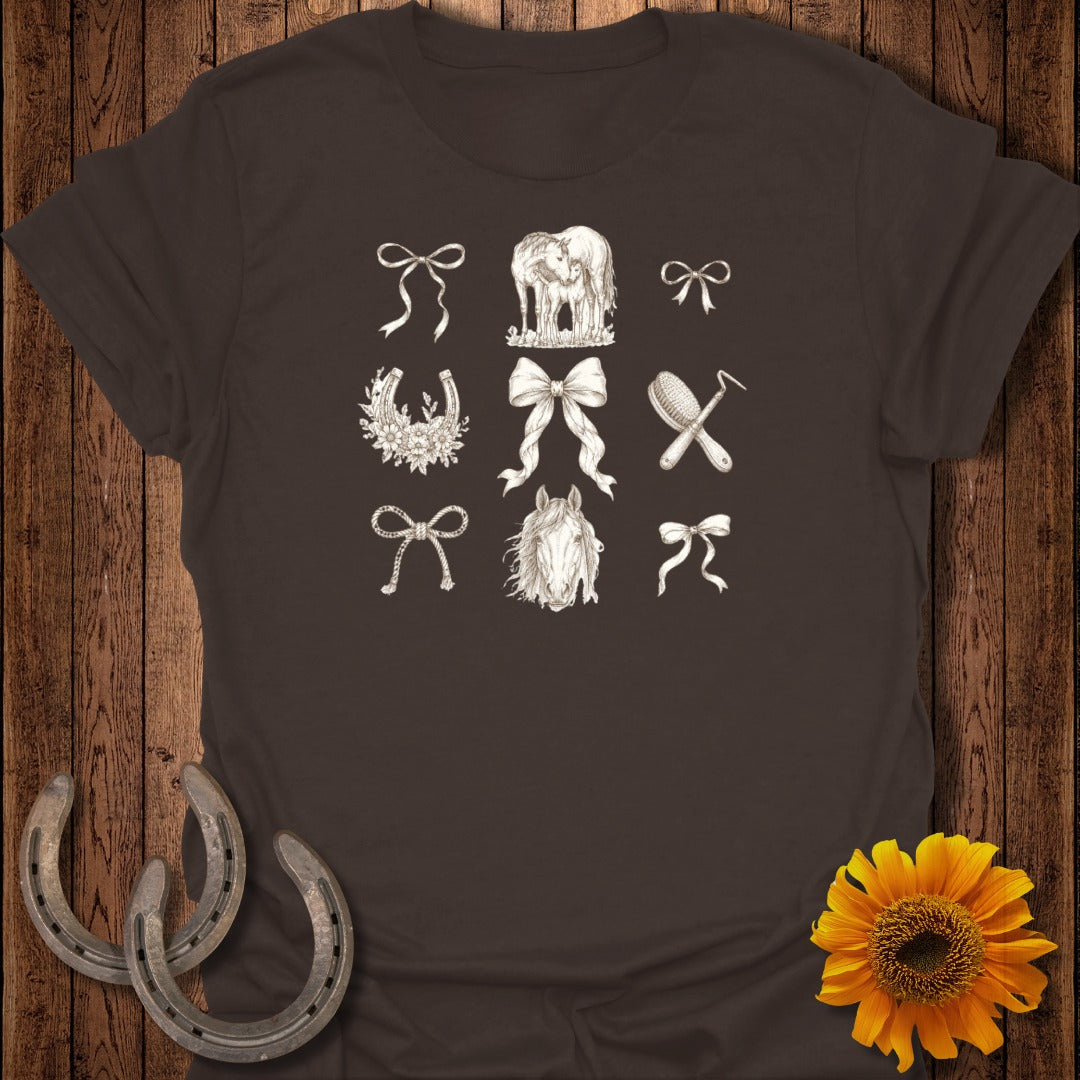 Brown t-shirt with nine equestrian-themed illustrations in a grid.