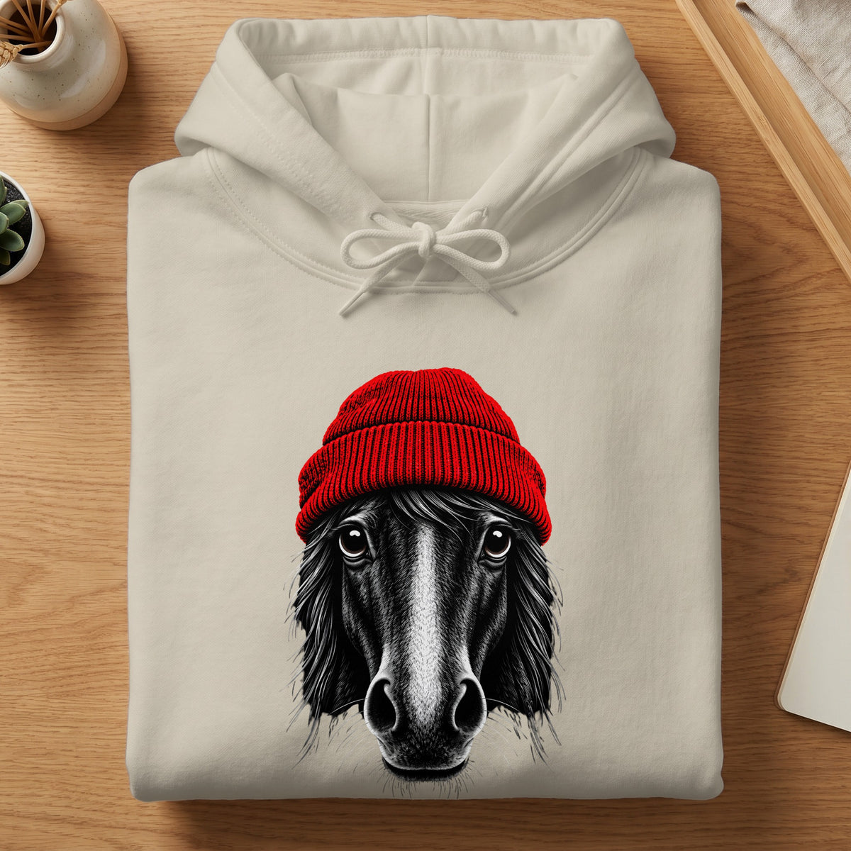 A folded cream-colored hooded sweatshirt features a graphic of a black horse wearing a bright red beanie.