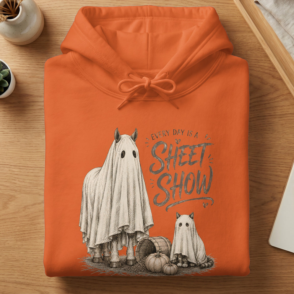 Orange hoodie with a sketch of a horse and cat in ghost costumes, reading "Every Day Is A Sheet Show."
