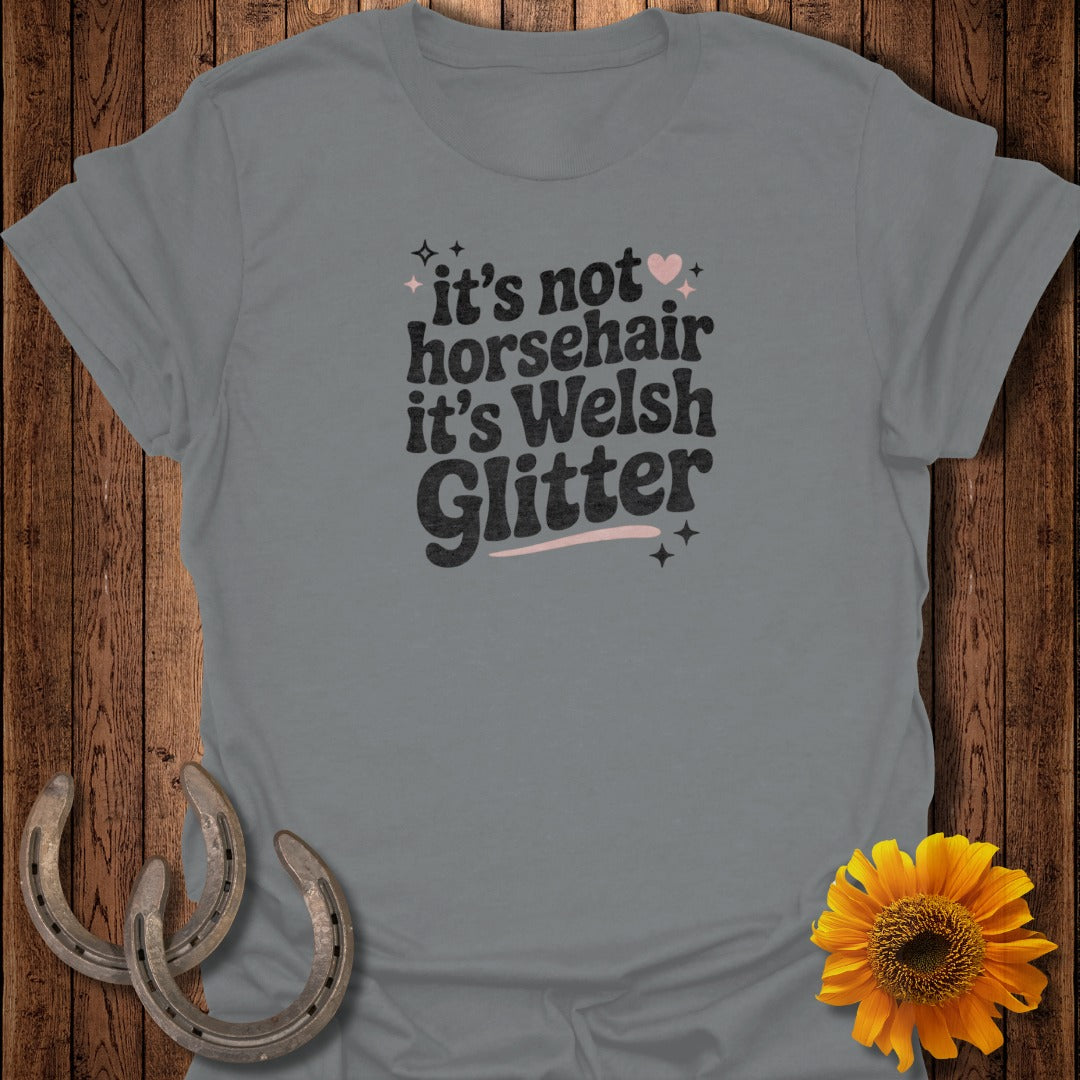 Grey t-shirt with "it's not horsehair it's Welsh Glitter" text and a sunflower.