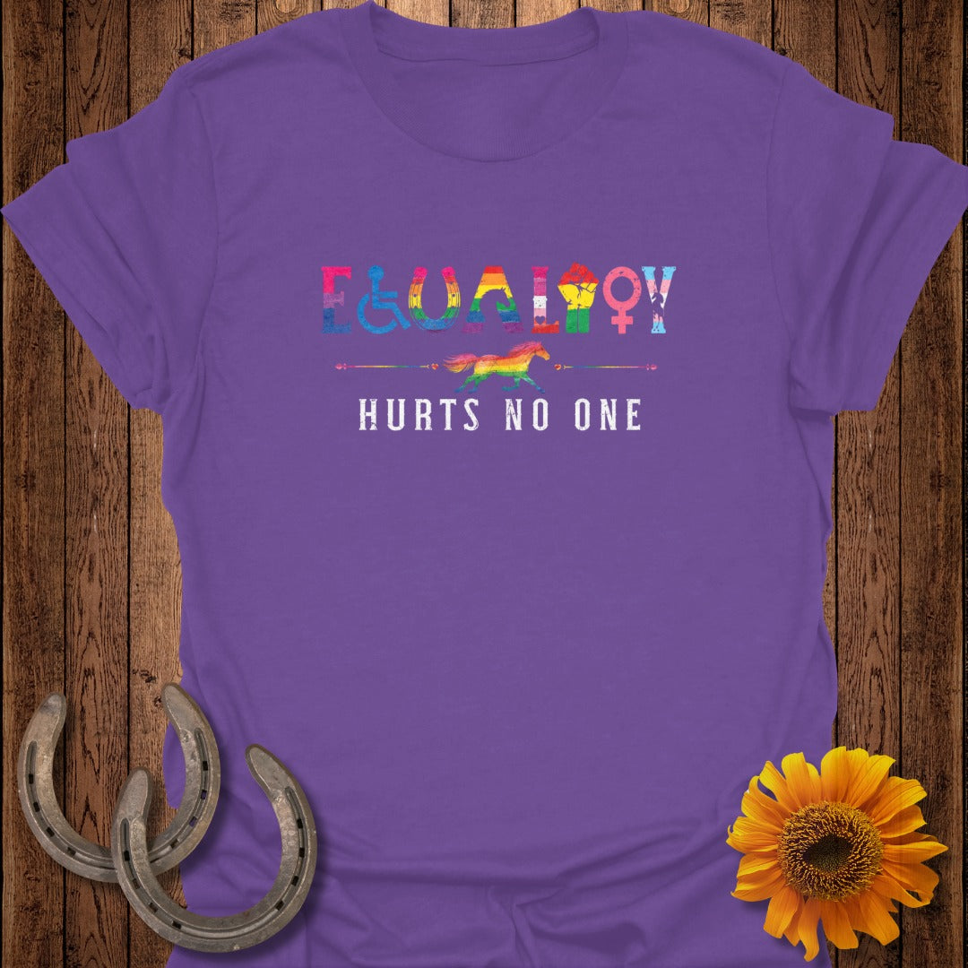 Purple t-shirt with "EQUALITY HURTS NO ONE" in rainbow-colored text.
