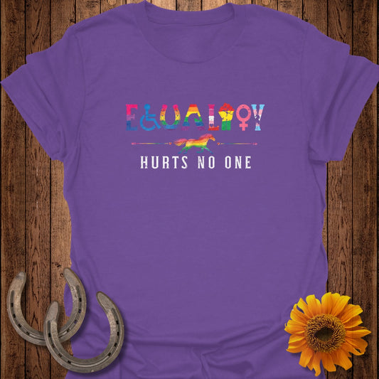 Purple t-shirt with "EQUALITY HURTS NO ONE" in rainbow-colored text.