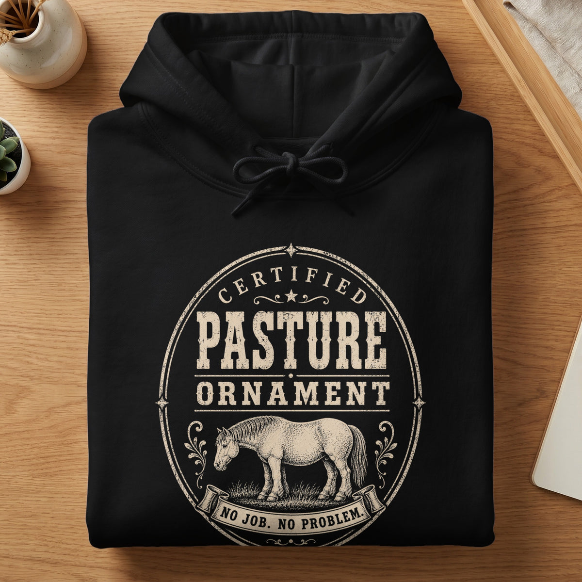 Black hoodie with vintage distressed graphic featuring a horse, text "Certified Pasture Ornament," and "No Job. No Problem."