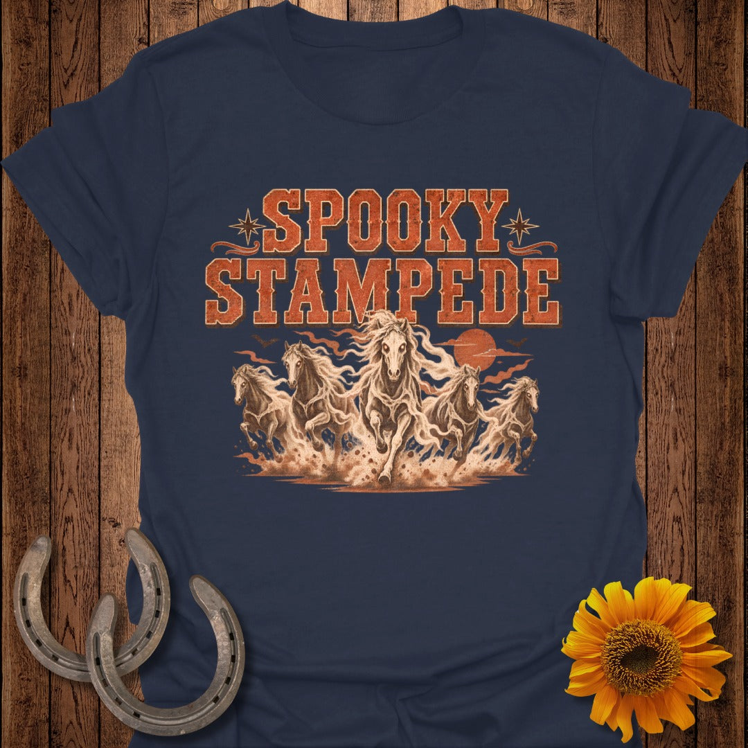 Dark blue t-shirt with "Spooky Stampede" text and a herd of galloping horses.