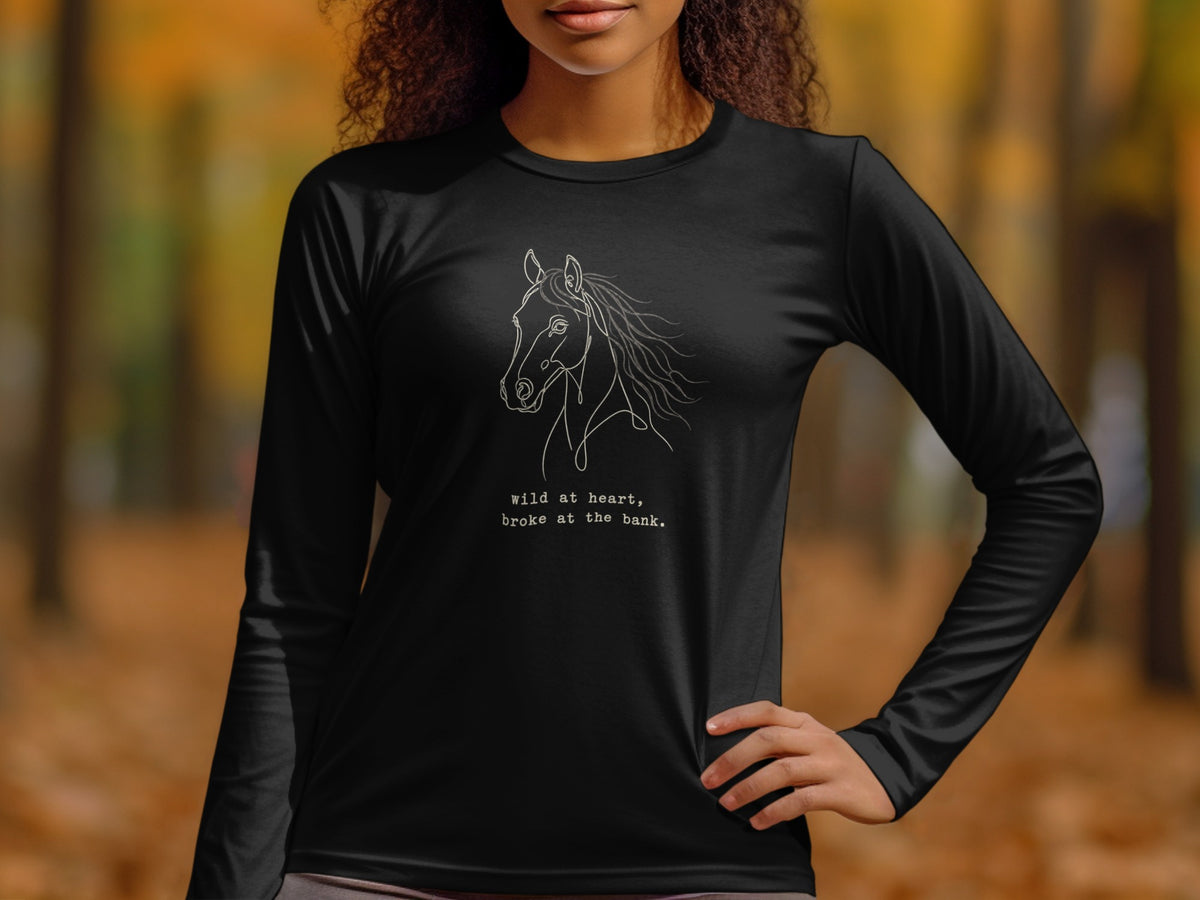 Black long-sleeve shirt with a white line drawing of a horse and text.
