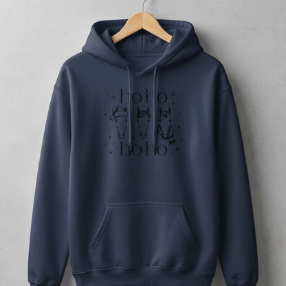 Navy hoodie with "ho ho ho" text and three horses wearing festive accessories.
