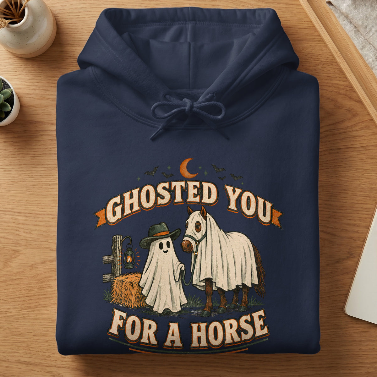 Navy hoodie with "Ghosted You For A Horse" text and Halloween ghost and horse graphic.