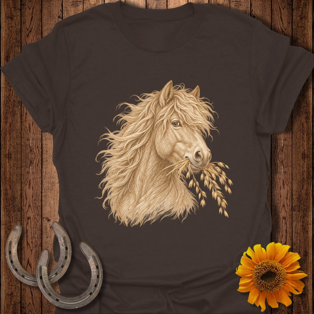 Brown t-shirt with a detailed drawing of a light brown horse eating oats.