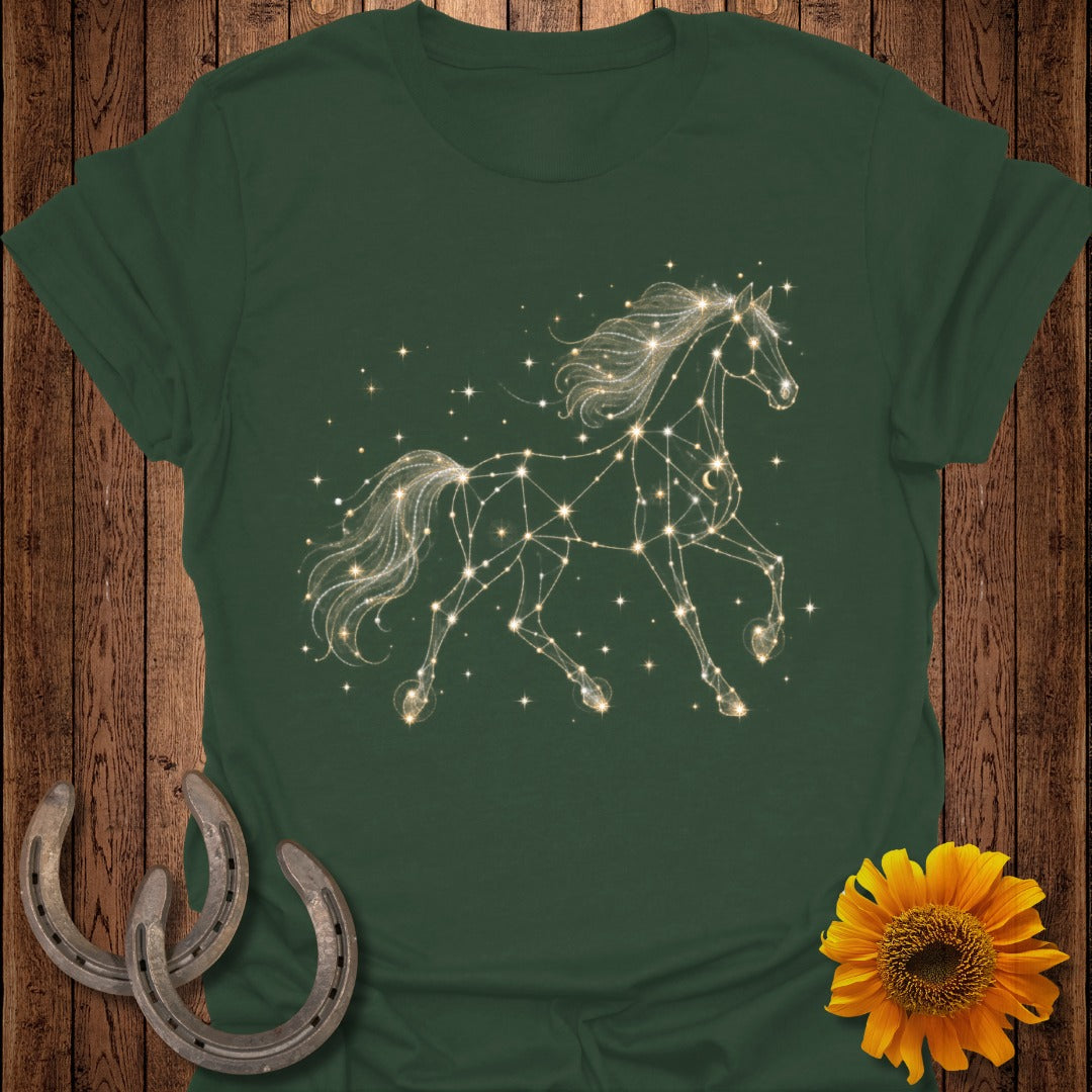 Dark green t-shirt with a celestial horse constellation graphic.