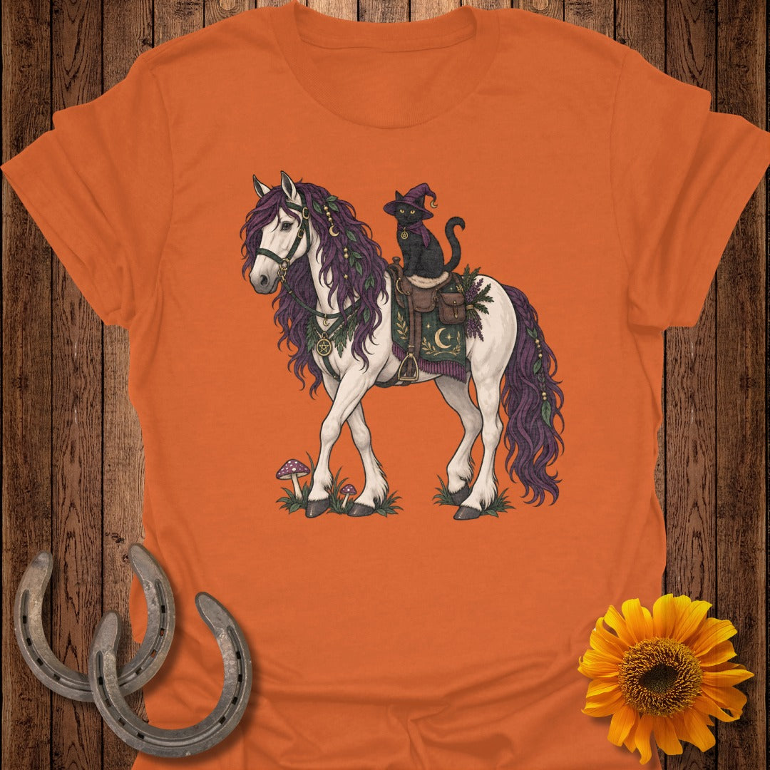 Black cat in witch hat rides a white horse with purple mane and tail.