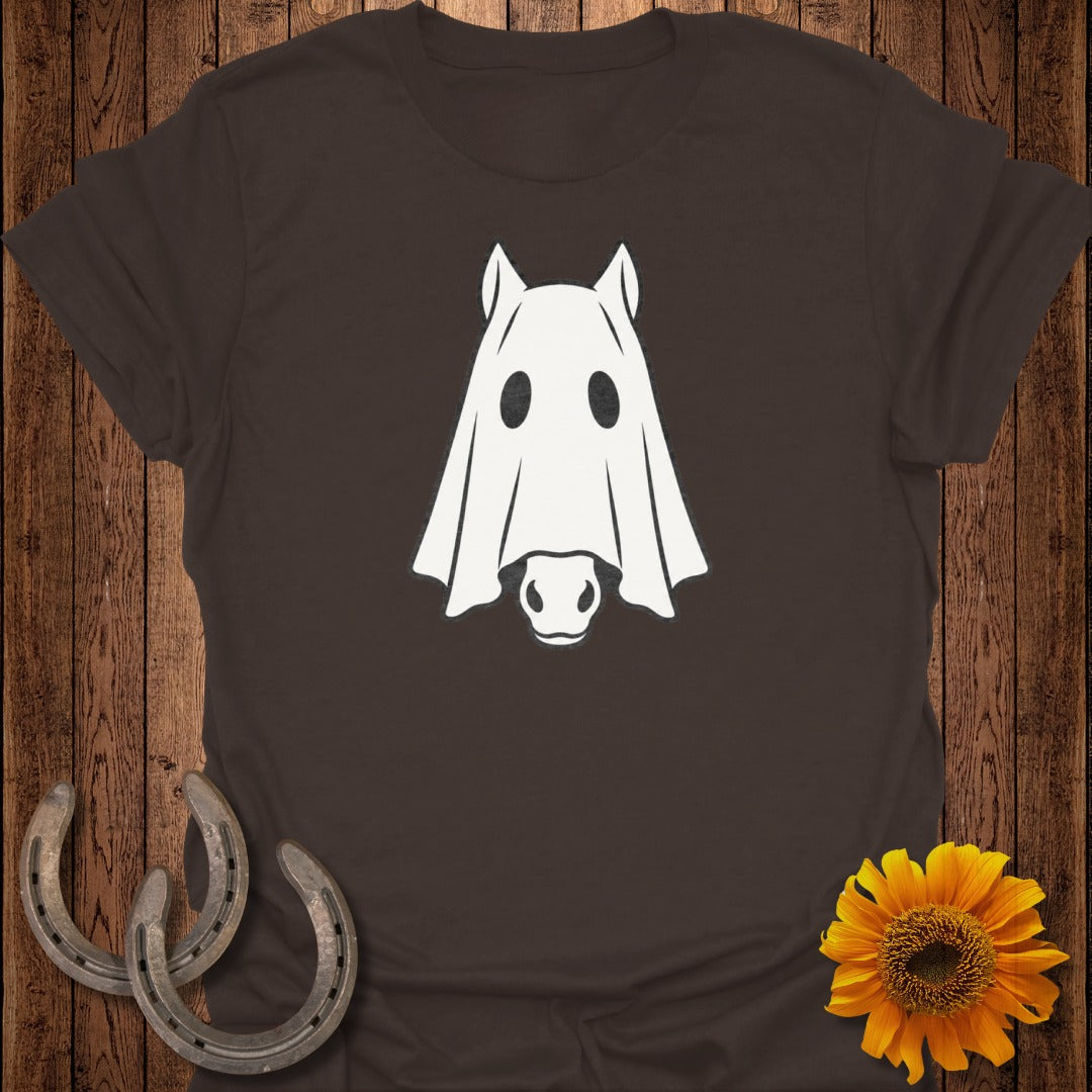 Brown t-shirt with a white ghost horse graphic, two horseshoes, and a sunflower.