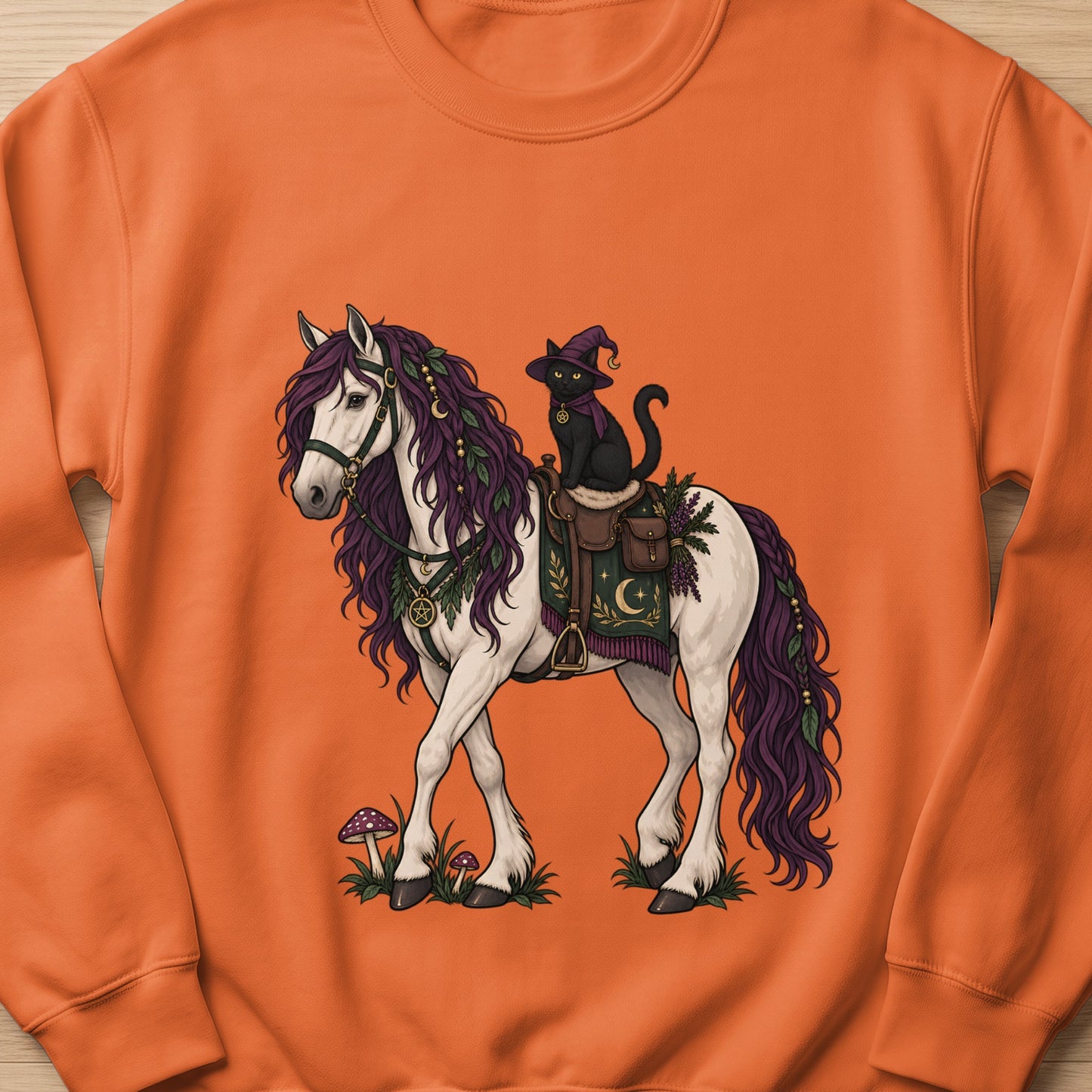 Black cat wearing witch hat rides white horse with purple mane and occult saddle.