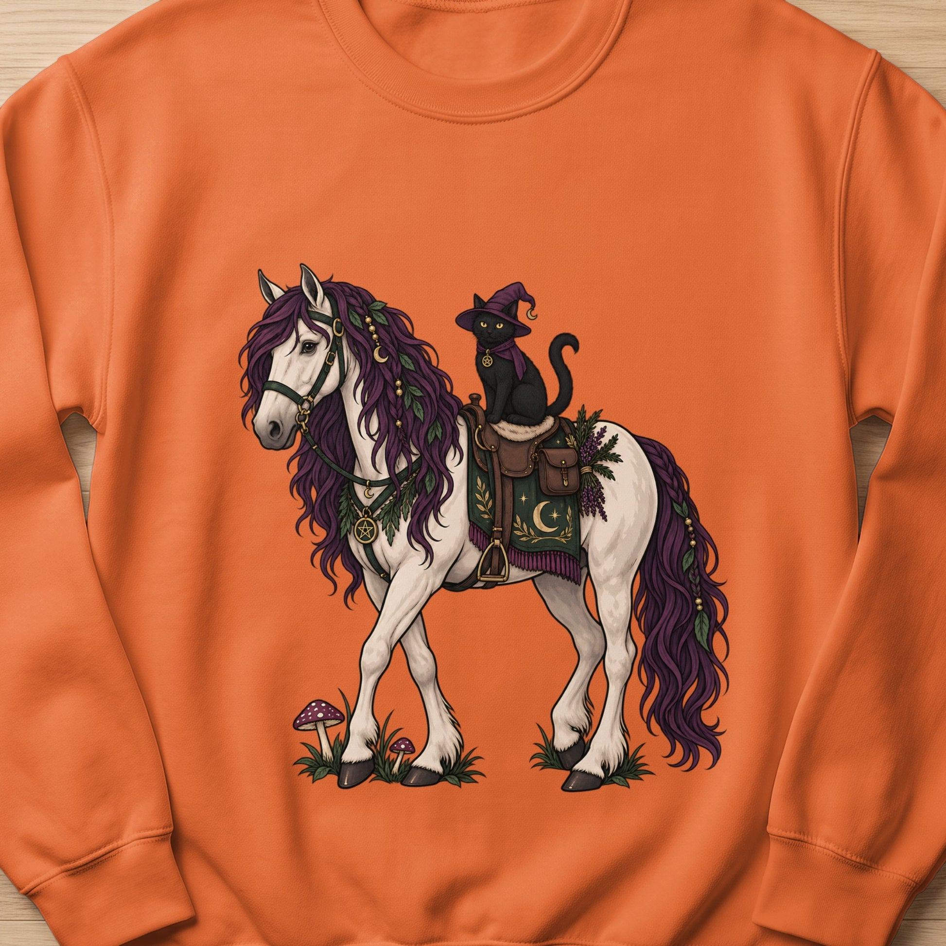 Black cat wearing witch hat rides white horse with purple mane and occult saddle.