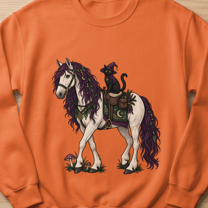 Black cat wearing witch hat rides white horse with purple mane and occult saddle.