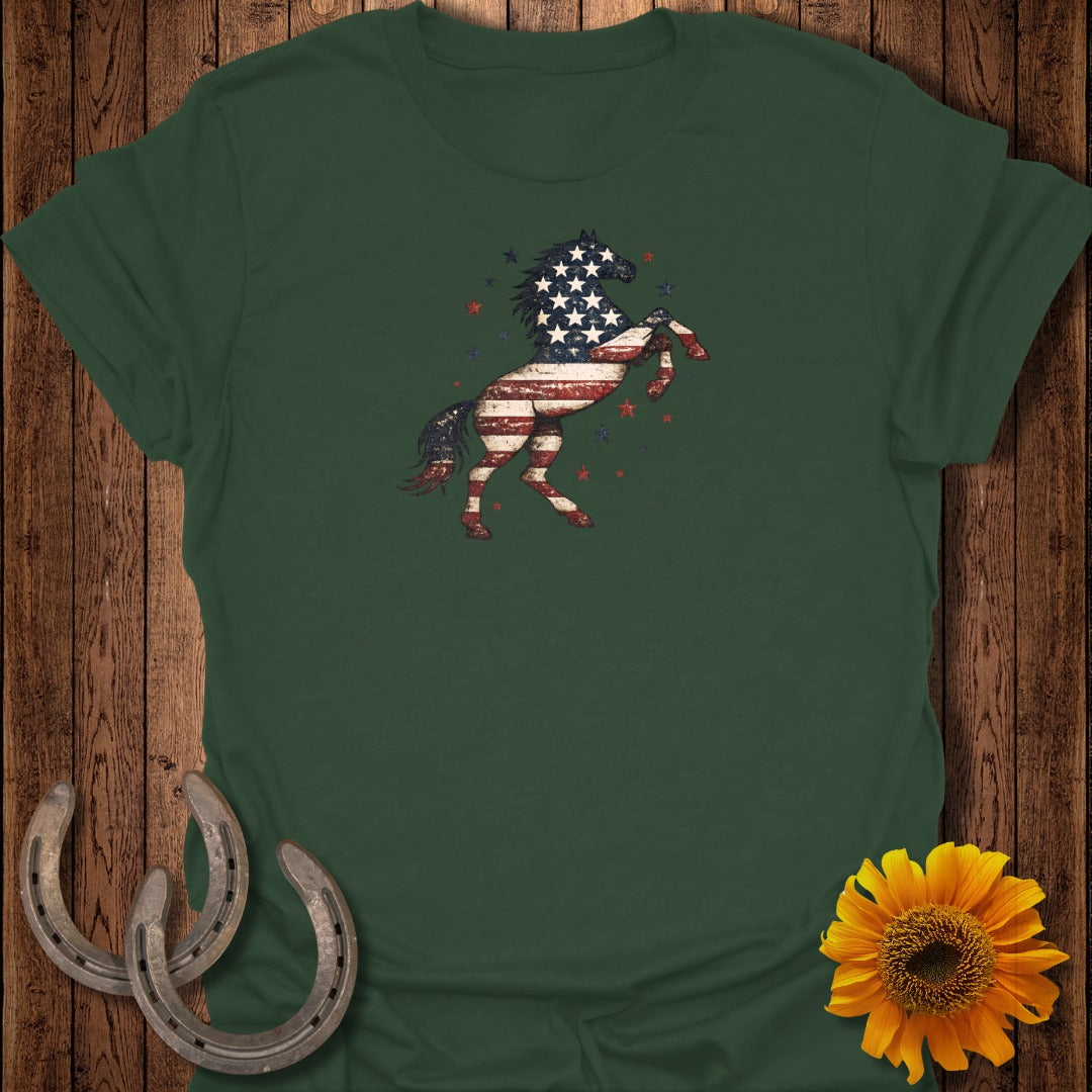 Dark green t-shirt with a distressed American flag horse graphic.