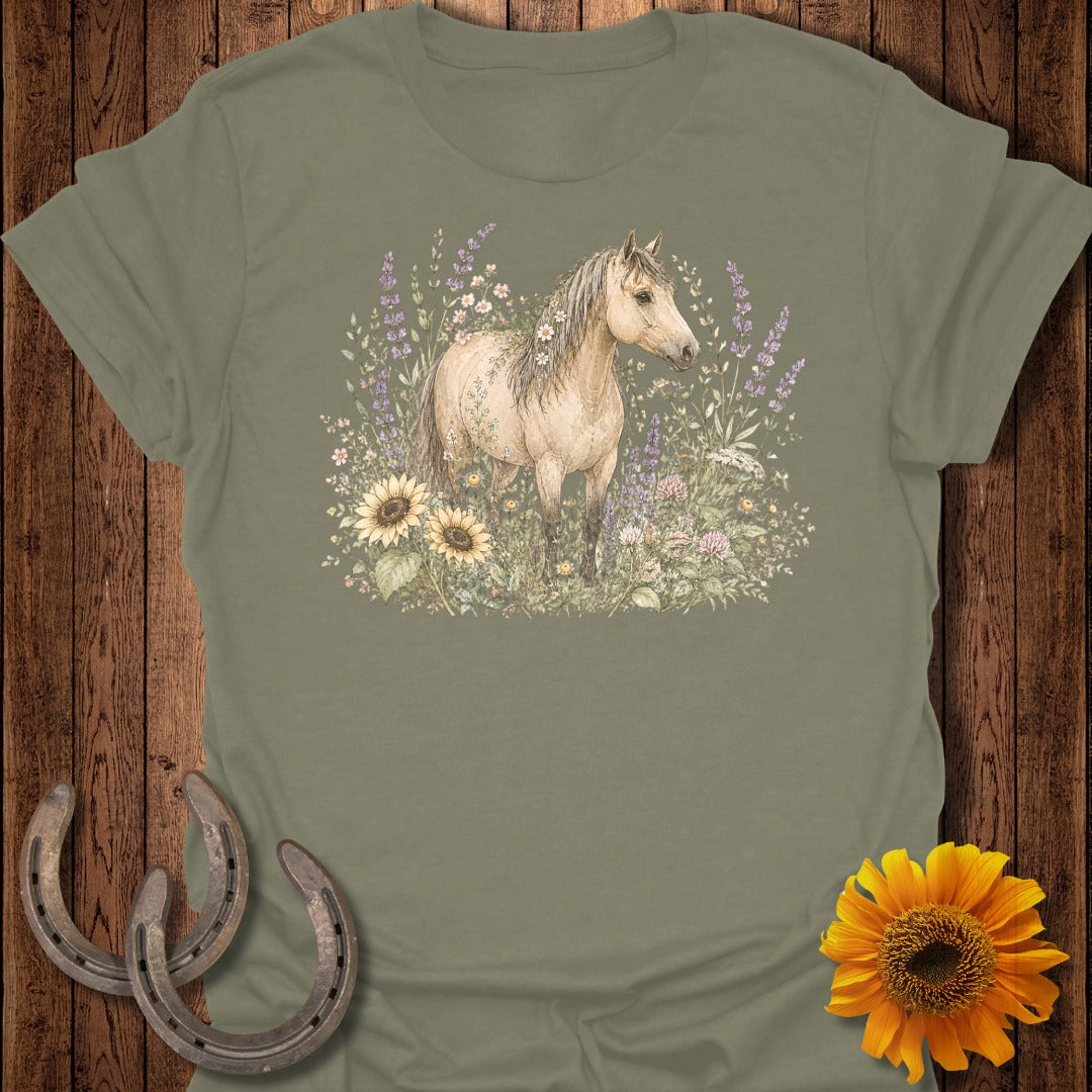 Watercolor painting of a light brown horse in a field of flowers and lavender.
