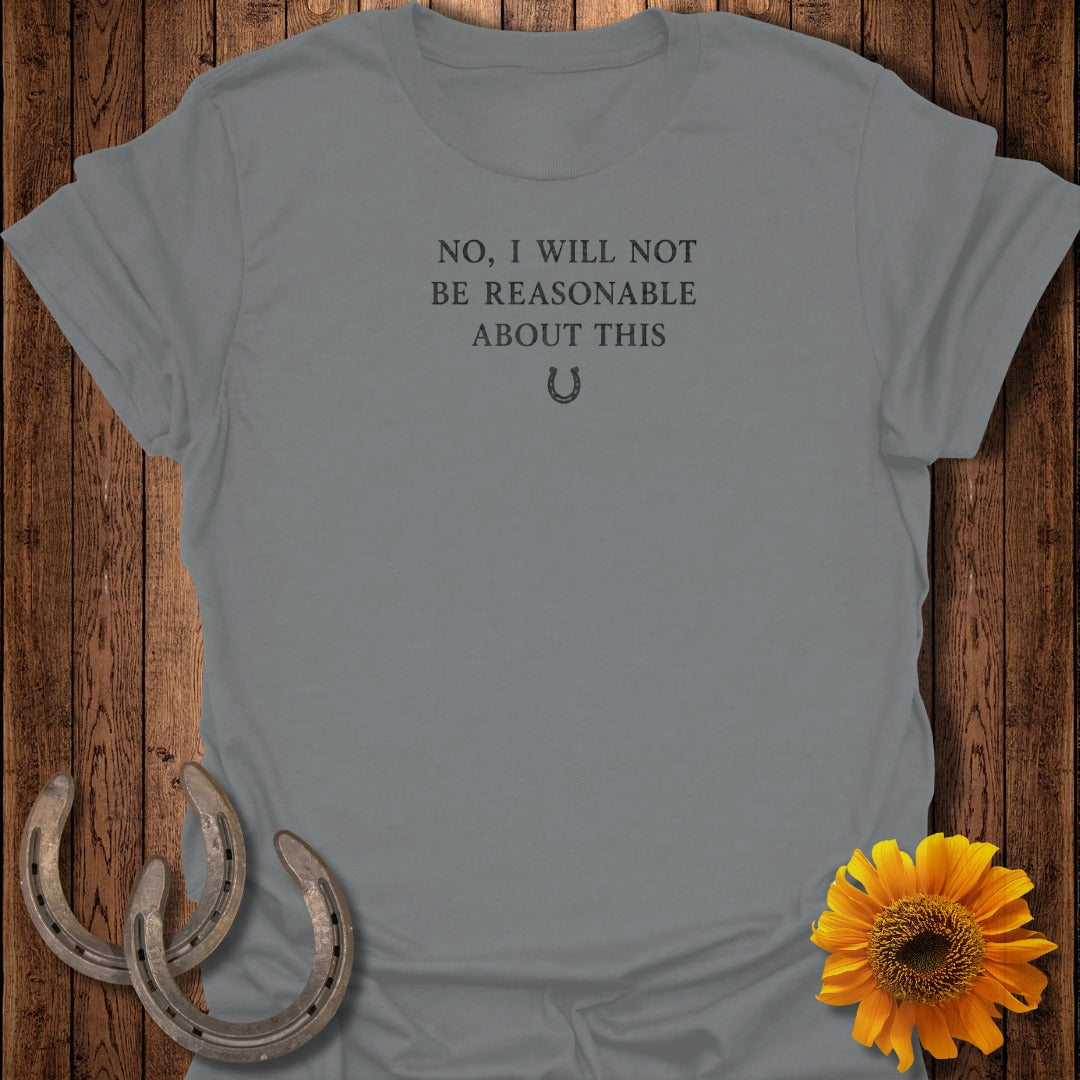 Gray t-shirt with text "NO, I WILL NOT BE REASONABLE ABOUT THIS".
