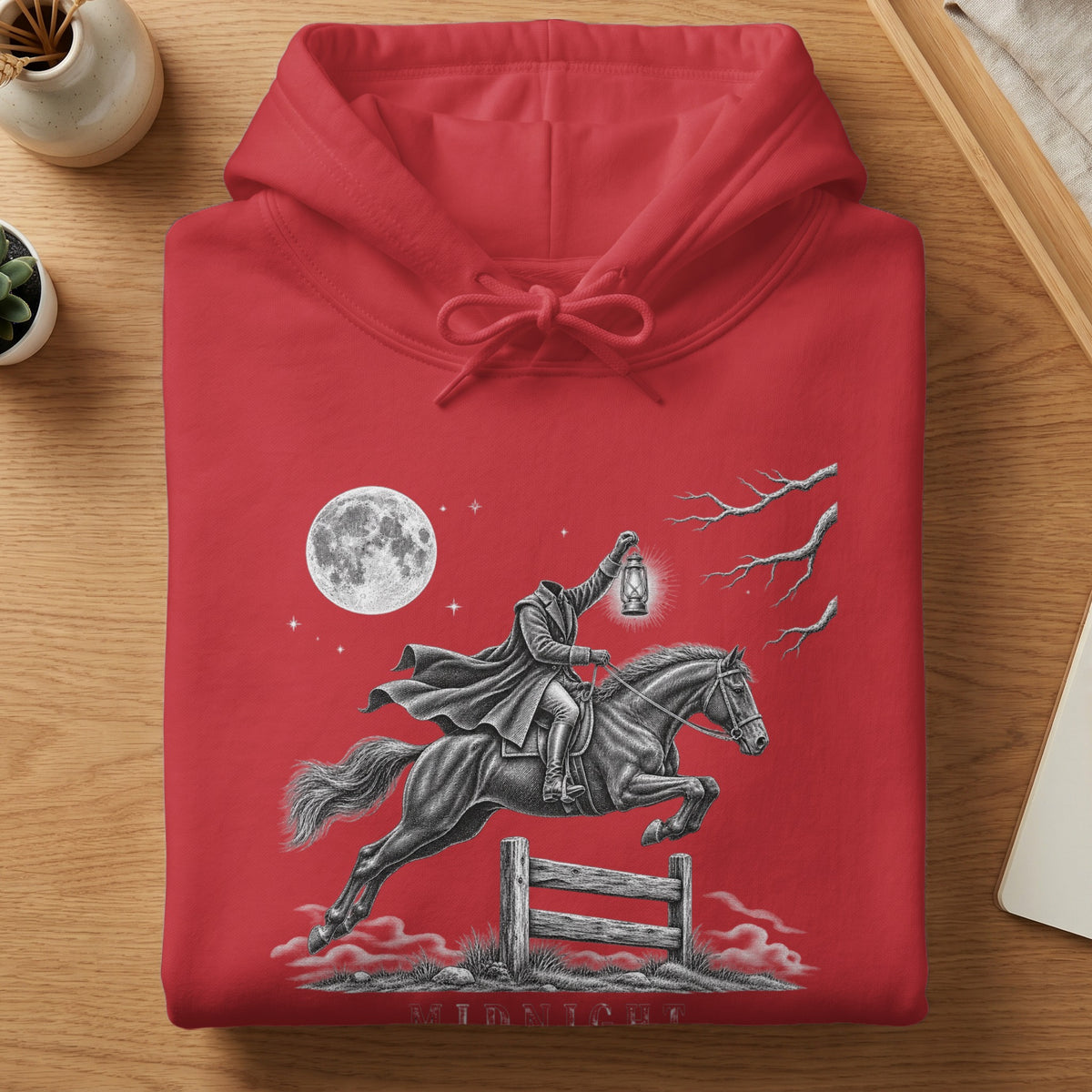 Red hoodie with headless horseman jumping fence under full moon.