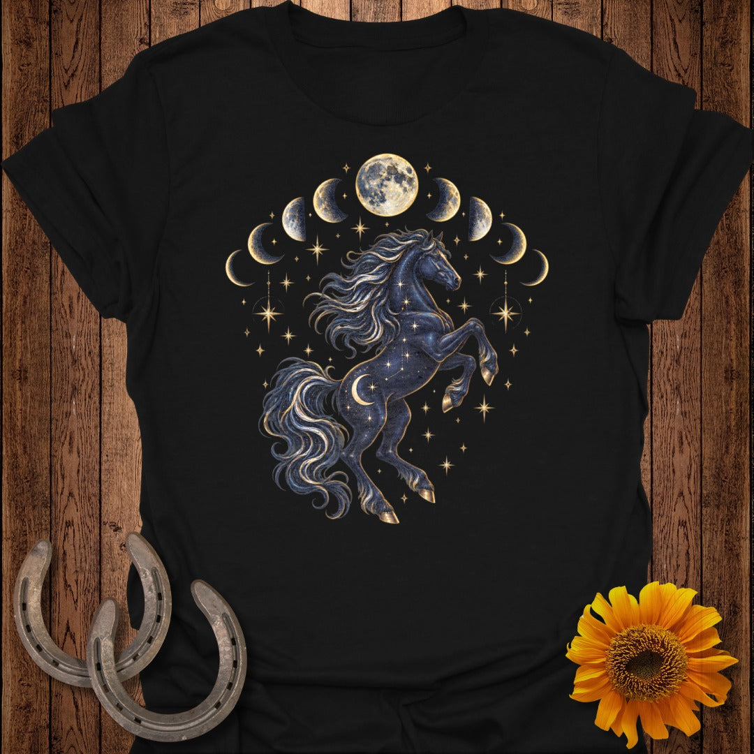 Black t-shirt with a celestial horse, moon phases, and stars graphic.