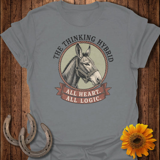 Grey t-shirt with a donkey illustration and "The Thinking Hybrid: All Heart. All Logic."