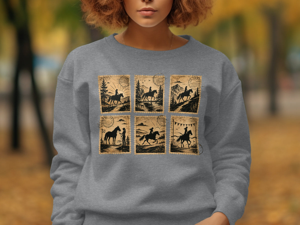 Six vintage stamp designs featuring horseback riders and nature scenes on a gray sweatshirt.