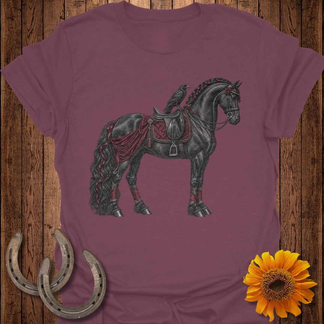 Black horse with ornate red saddle and a raven on its back.
