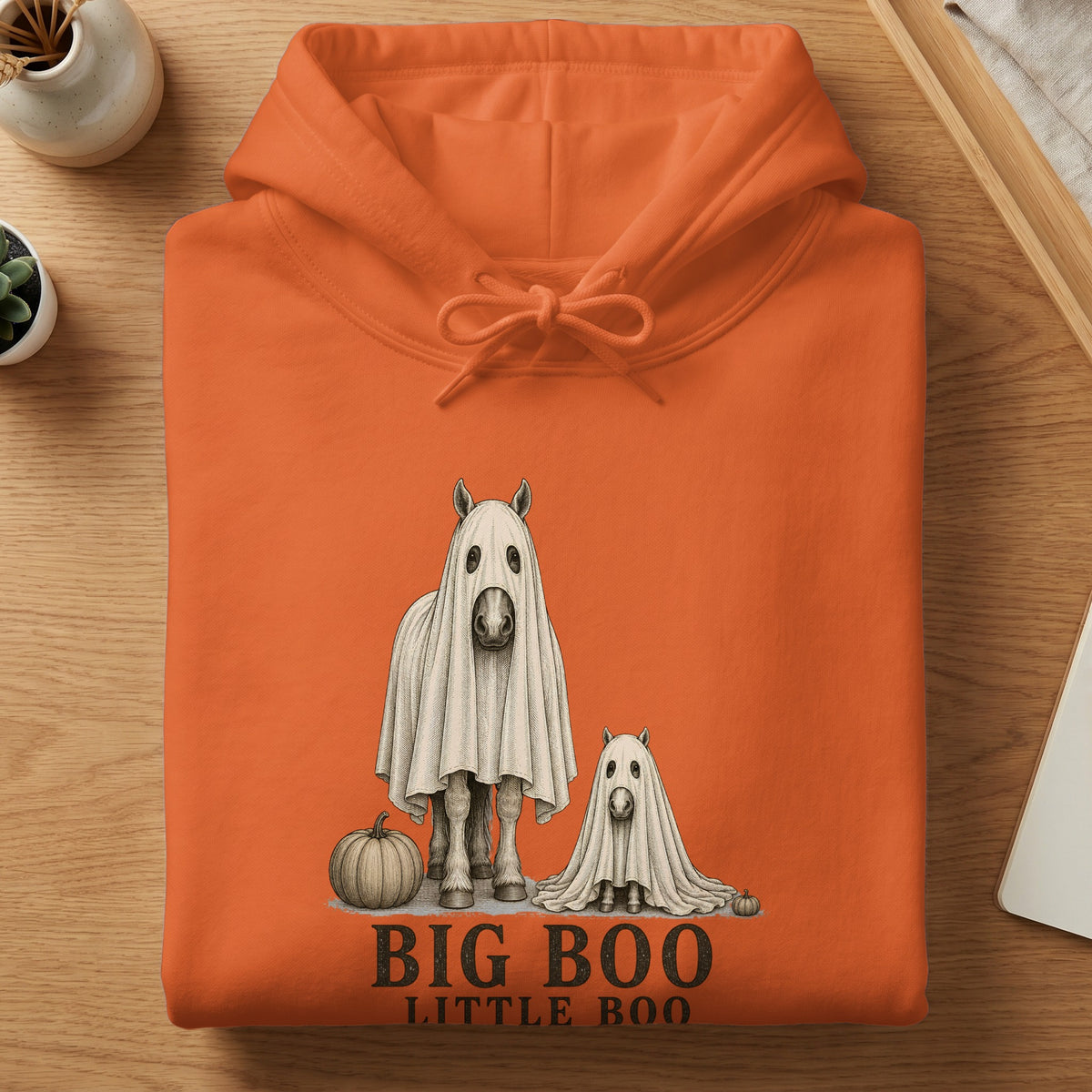 Orange hoodie with two horses dressed as ghosts and text "BIG BOO LITTLE BOO."