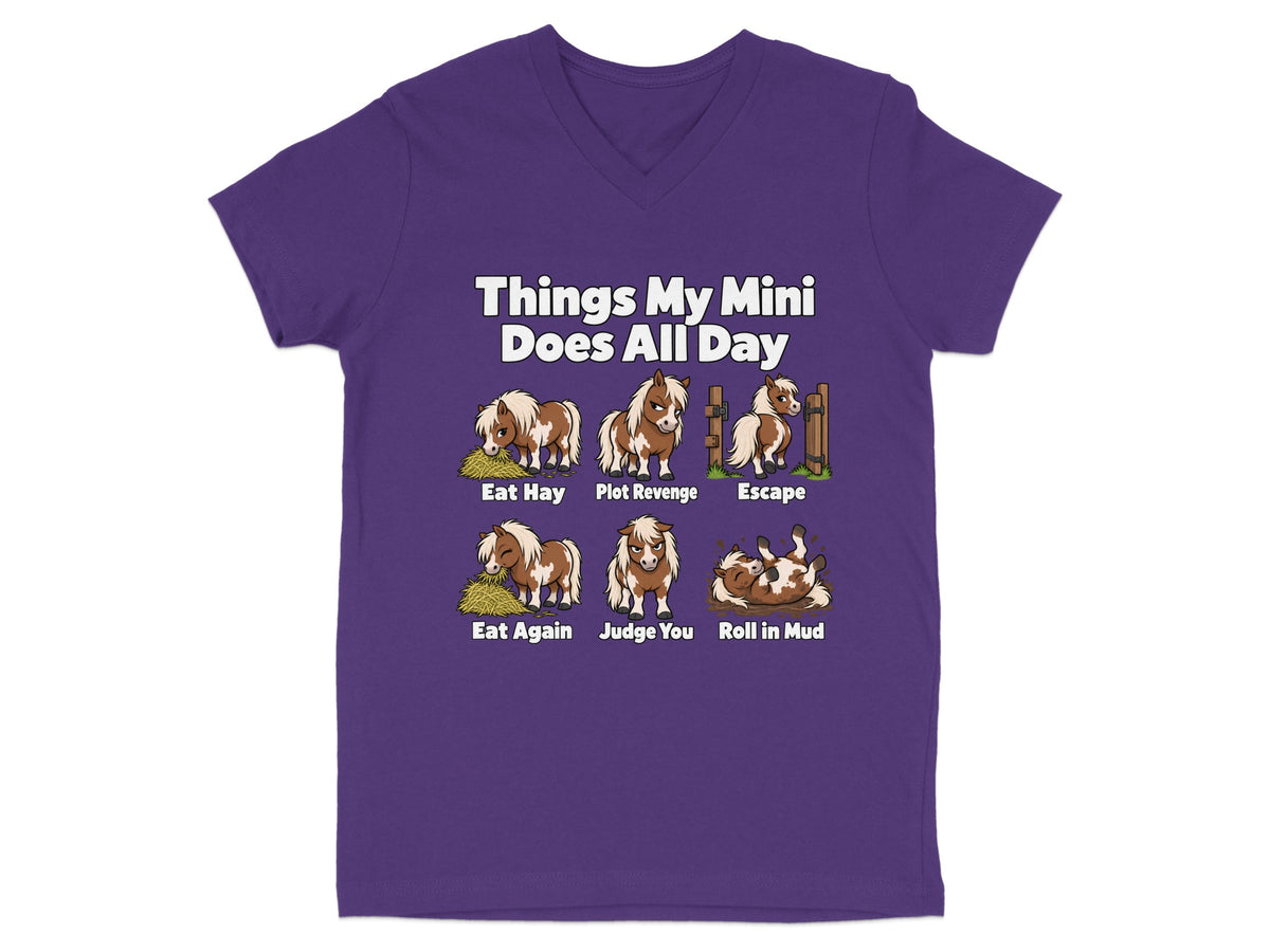 A purple V-neck t-shirt featuring graphic illustrations and text about the activities of a miniature horse.