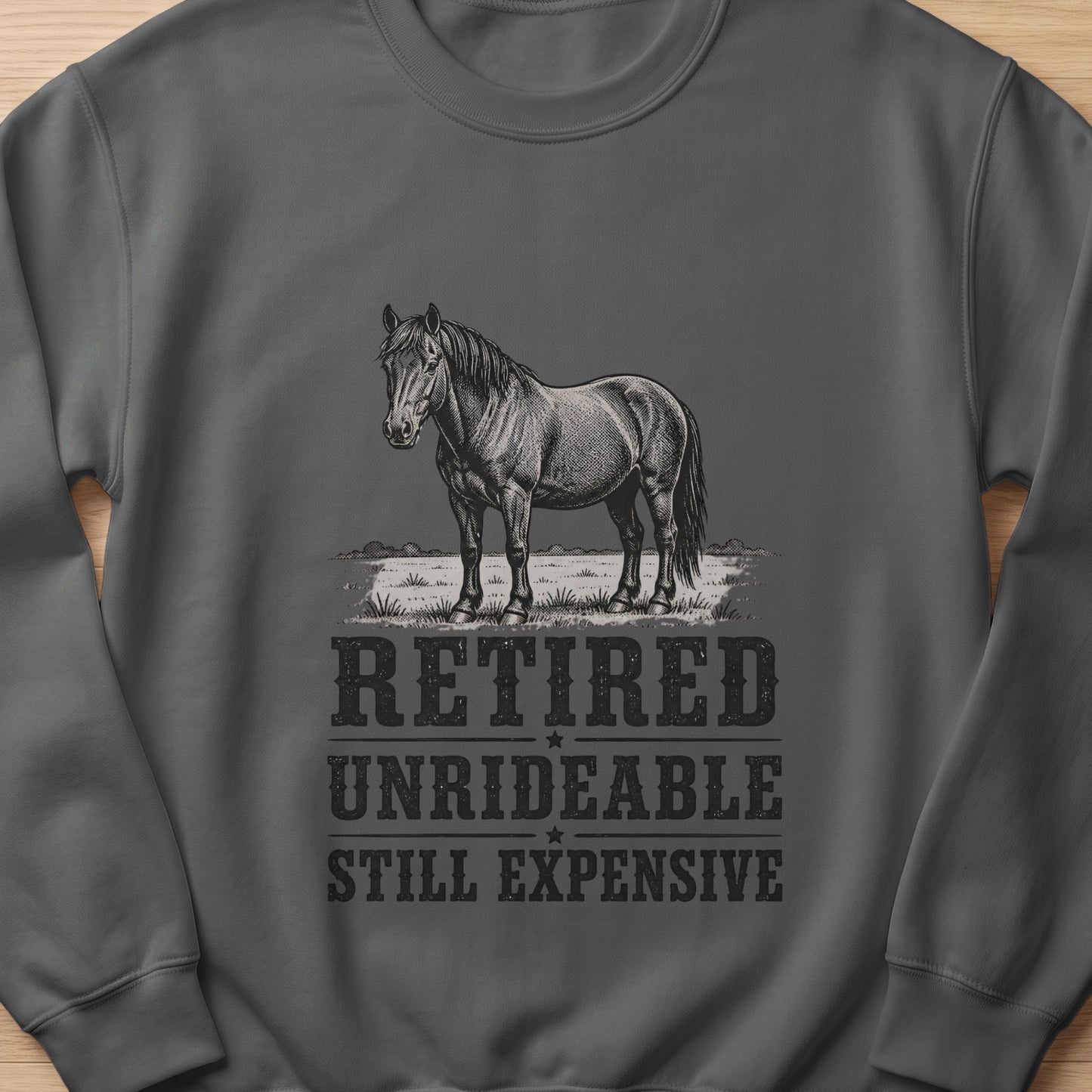 Dark gray sweatshirt with a horse illustration and text reading "RETIRED UNRIDEABLE STILL EXPENSIVE."