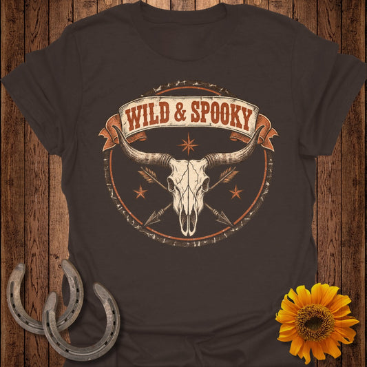 T-shirt with a bull skull, arrows, and banner text "WILD & SPOOKY".