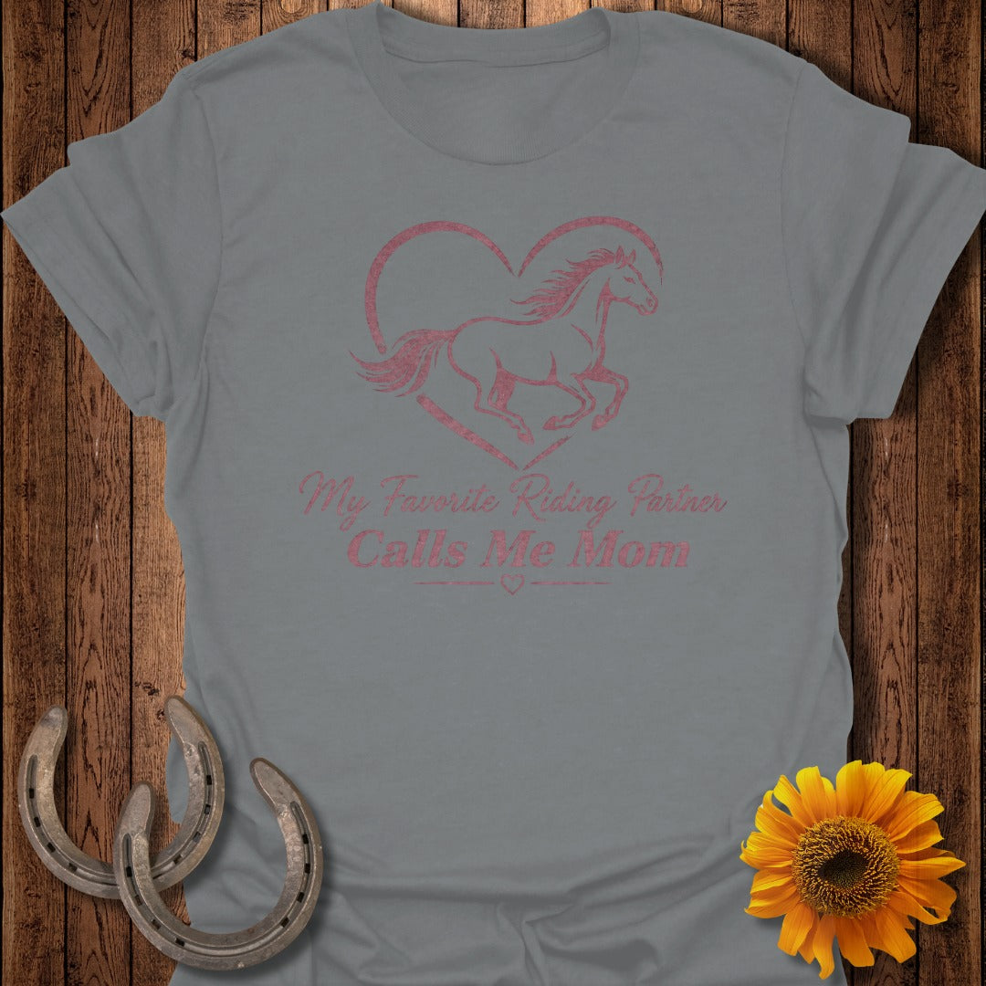 Grey t-shirt with horse in heart graphic and text "My Favorite Riding Partner Calls Me Mom".