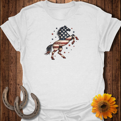 White t-shirt with distressed American flag horse graphic.
