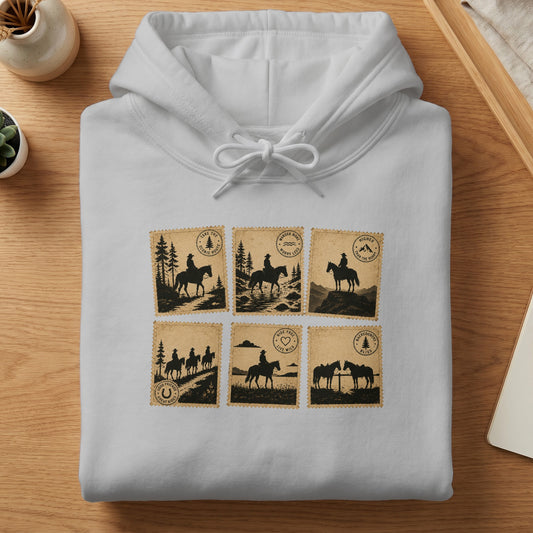 White hoodie with six vintage stamp designs featuring cowboys and horses.