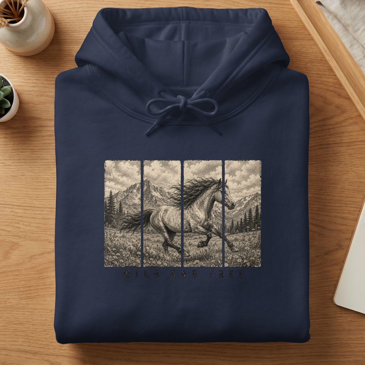 Navy hoodie with a running horse graphic and "WILD AND FREE" text.