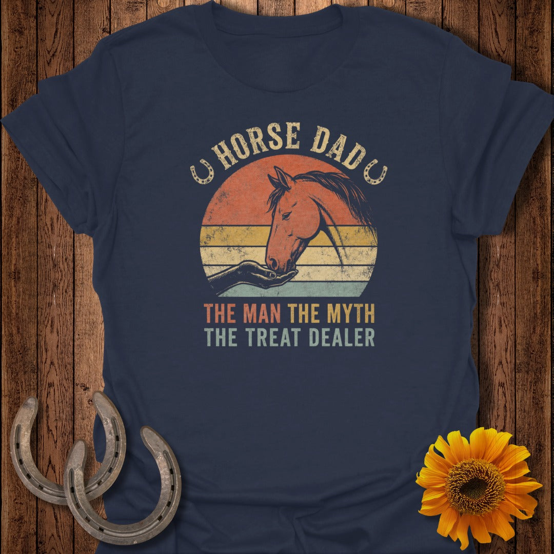 Navy t-shirt with "Horse Dad The Man The Myth The Treat Dealer" and horse graphic.